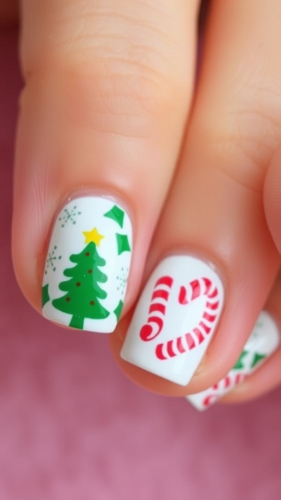 Festive Christmas Nail Designs for Short Nails Short nails with Christmas designs including snowflakes and candy canes, perfect for the holiday season.